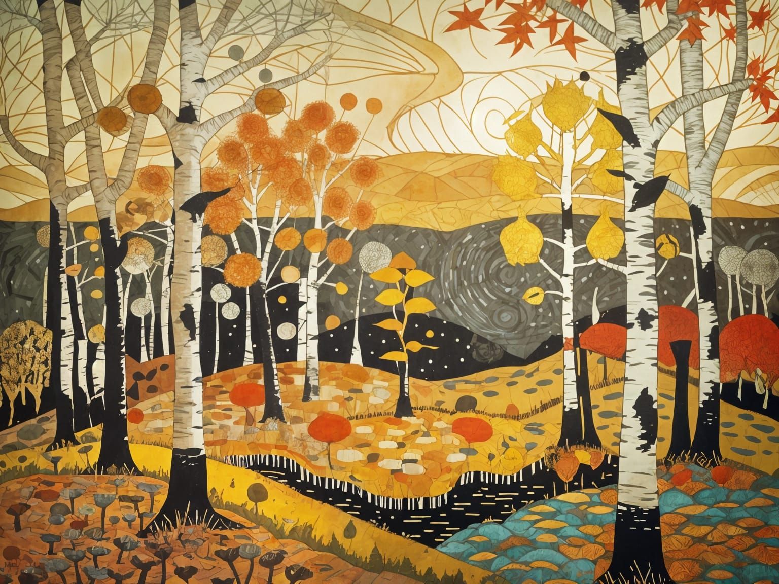 Autumn Birch Trees: Intricate Abstract Impression