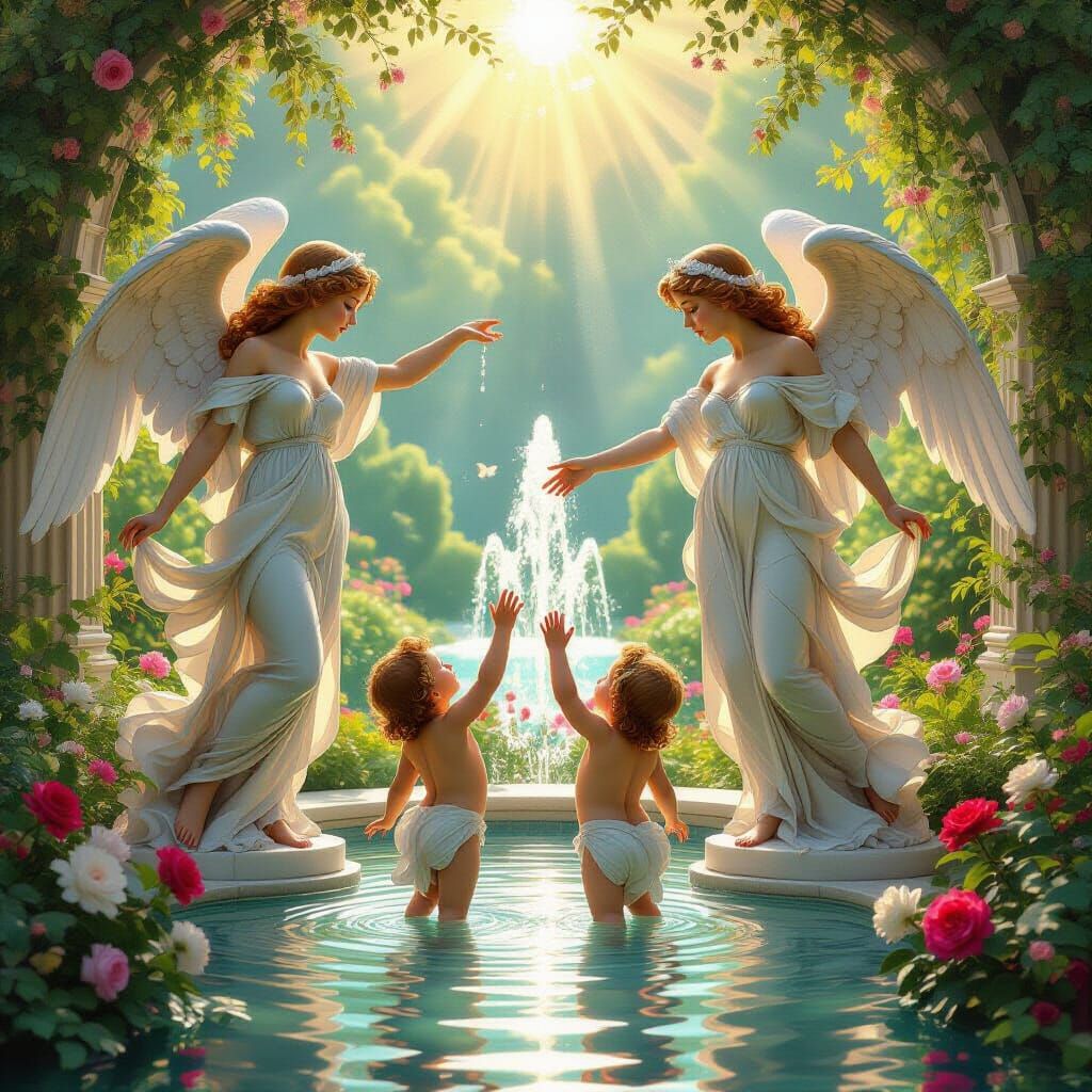 Art Nouveau Deco Garden with Marble Angels and Cherubs