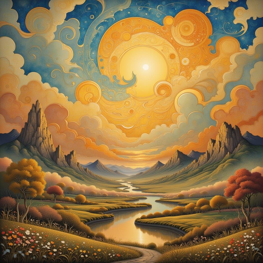 Golden Skies of Fantasy Realm in Watercolor Style