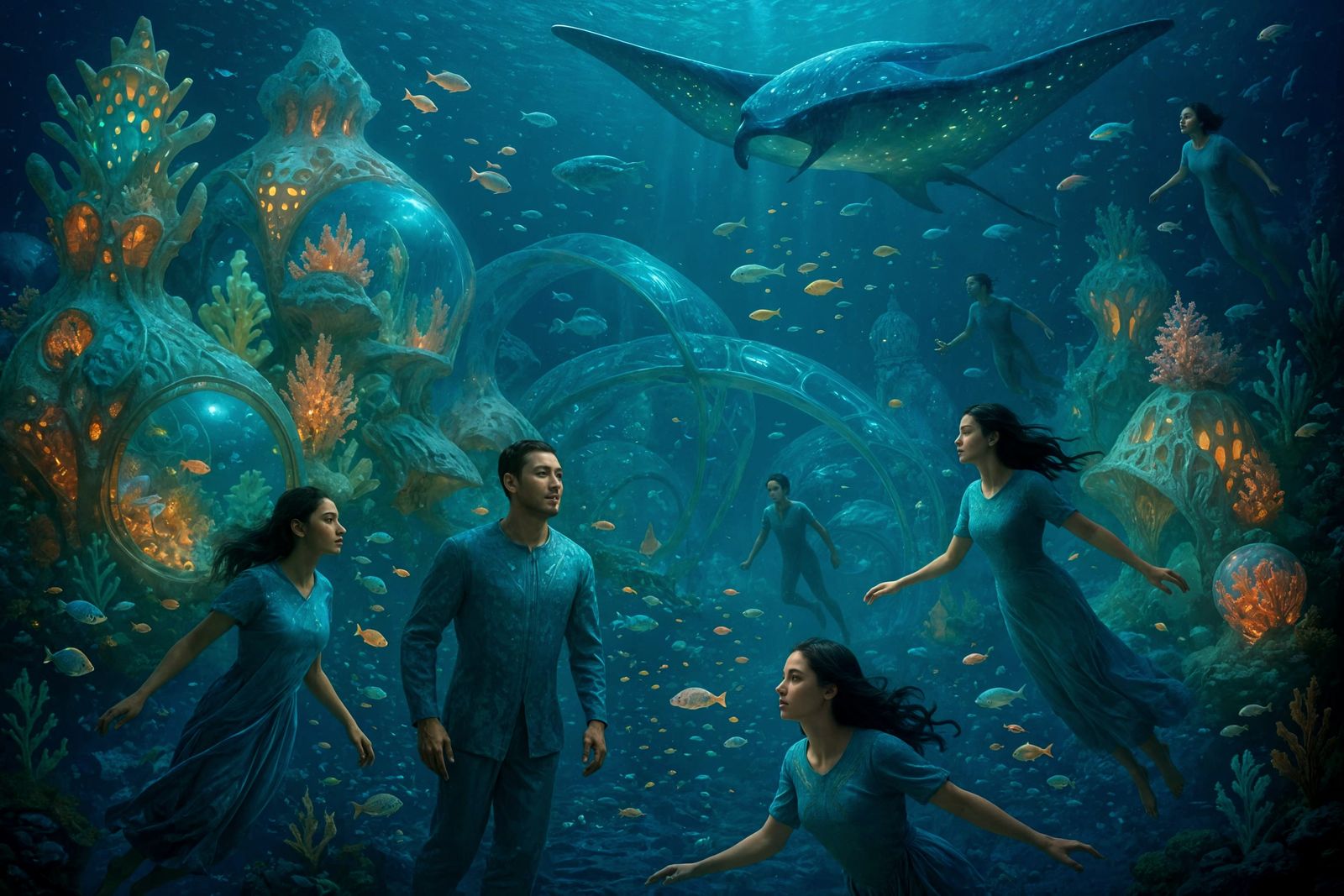 Underwater Human Civilization in a Bioluminescent City