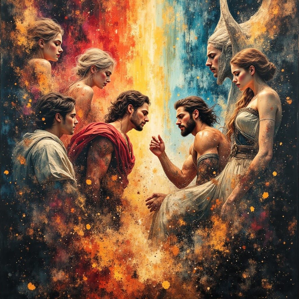 Norse Gods in a Rainbow Prism Collage Painting