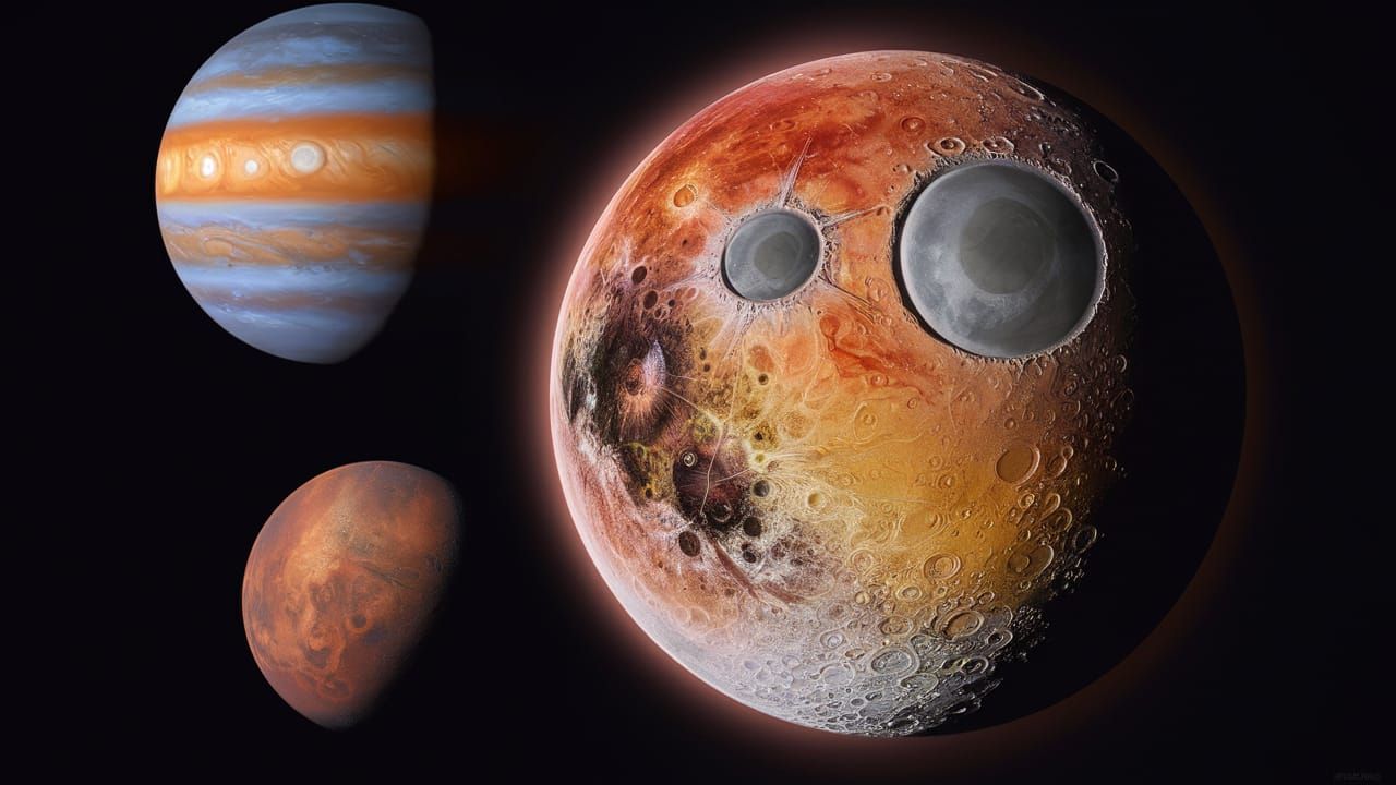 Cosmic Alien Moonscape with Jupiter and Mars