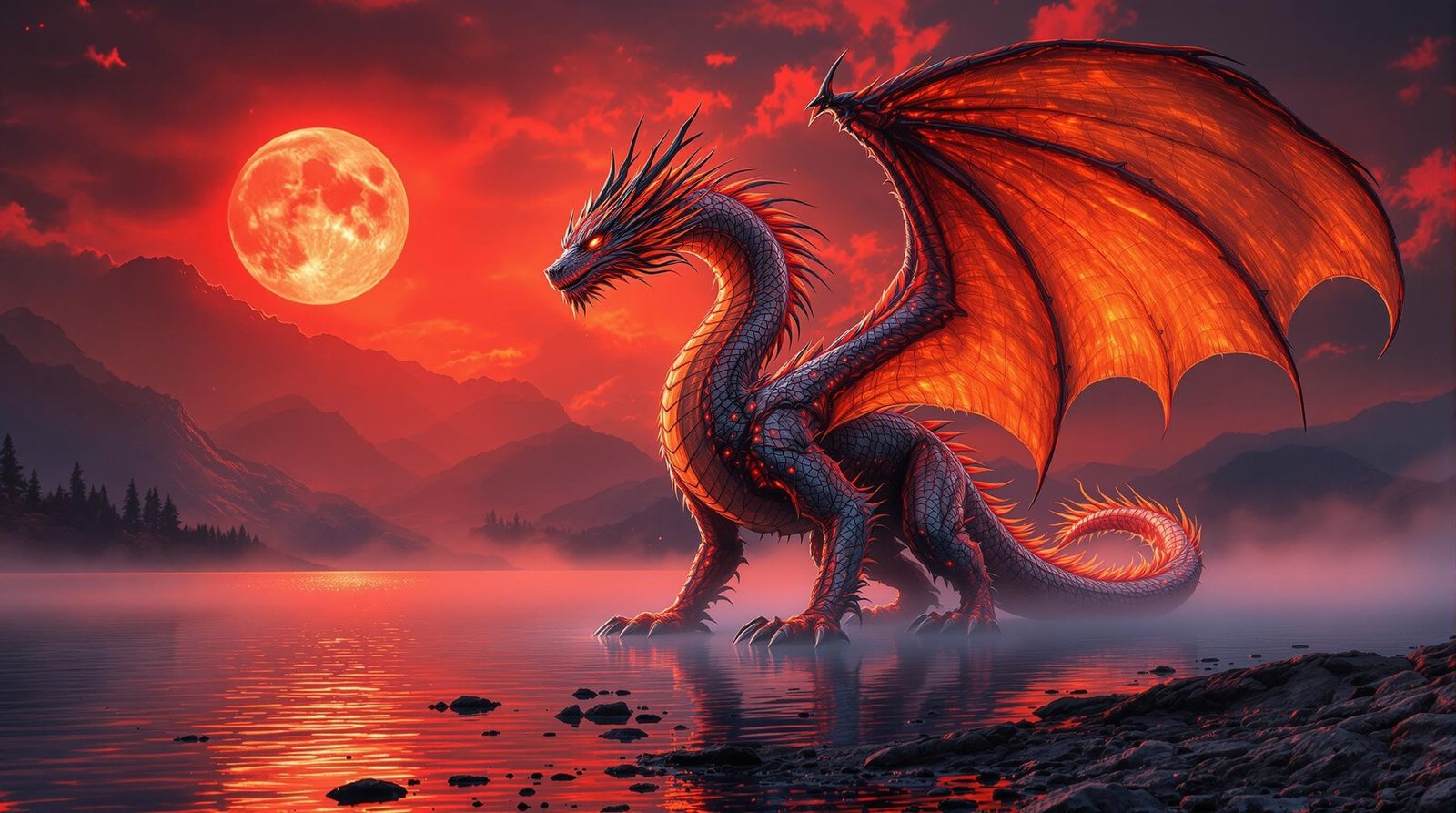 Ethereal Crimson Dragon Basks in Blood Moon Glow