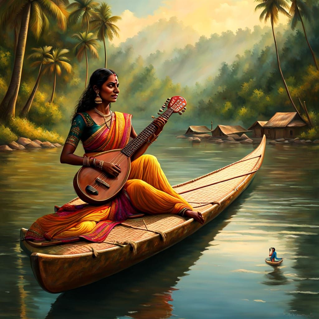 Indian Woman Plays Sitar on Kerala Riverbank