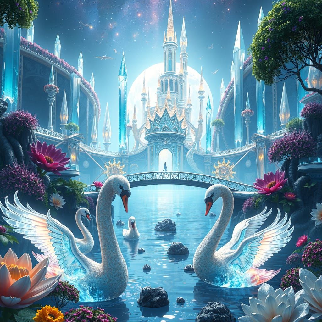 Crystal Metropolis with Glowing Bridges and Swans