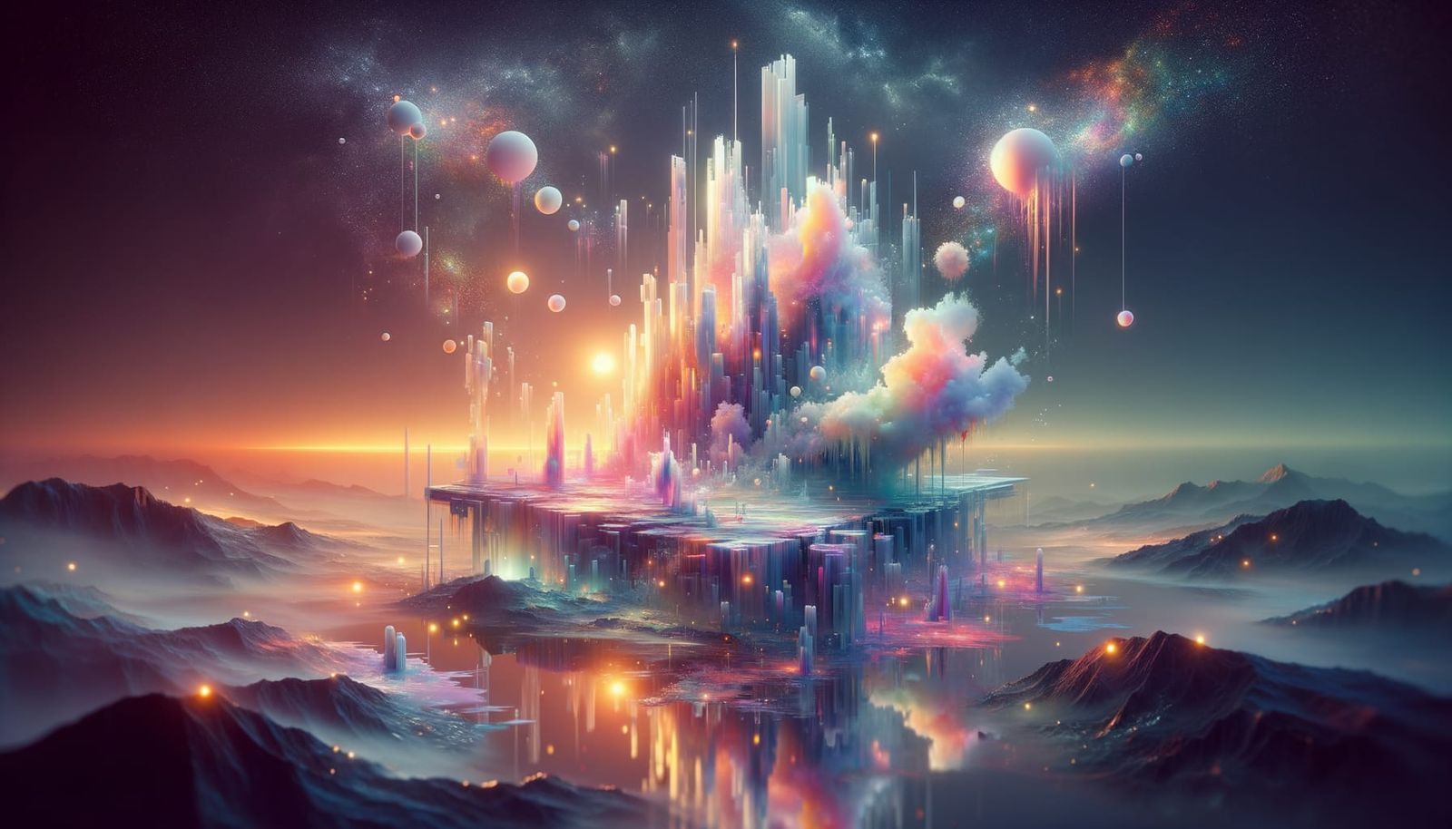 Ethereal Dreamscape with Floating Elements and Pastel Hues