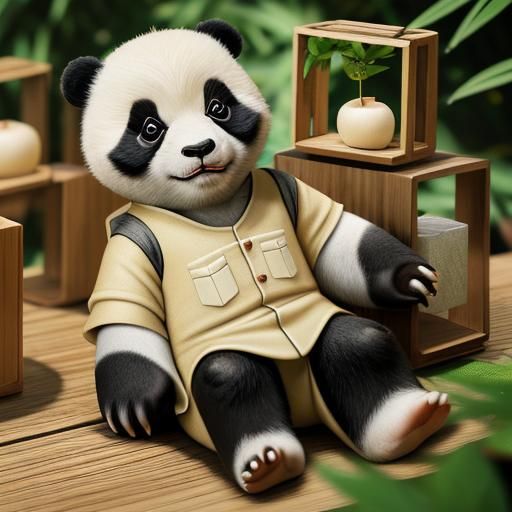 Baby panda in a nest of bamboo leaves