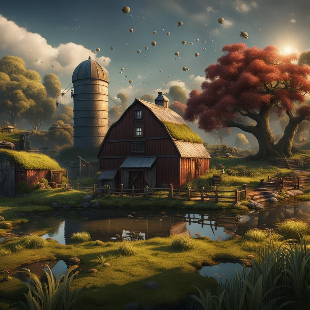 Fantastical Farmland with Ponds in Detailed Matte Painting