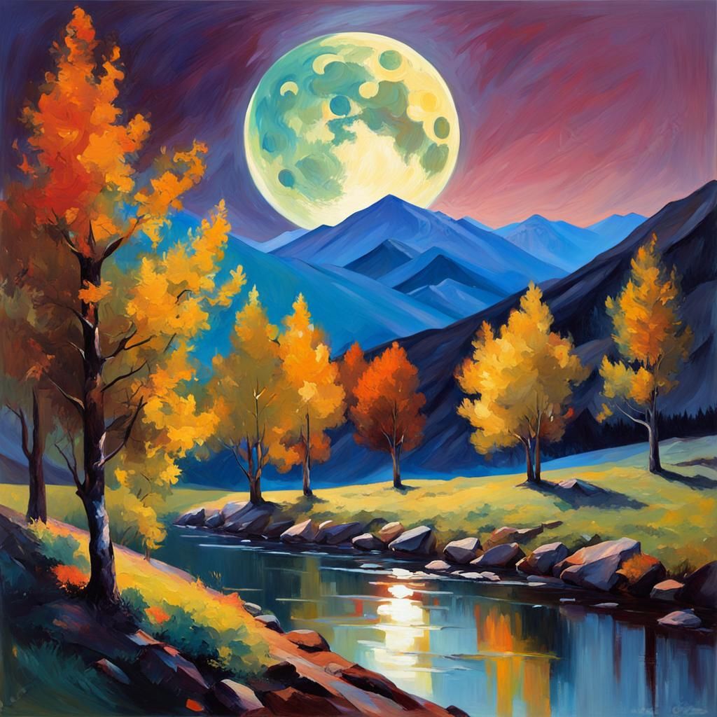 Ash Trees and Moon in Oil Painting Style