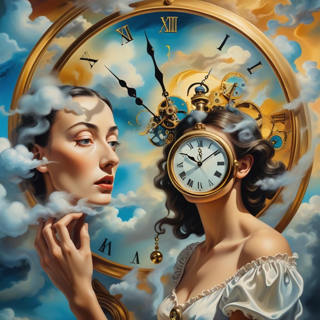 Surreal Woman Holding Clock in Dreamscape