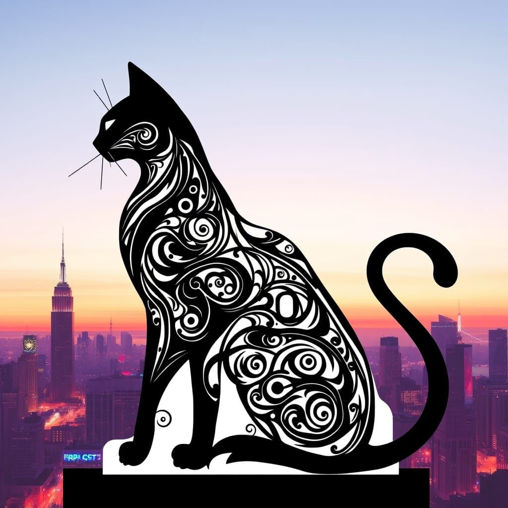 Majestic Black Cat Silhouette in Retro Cityscape