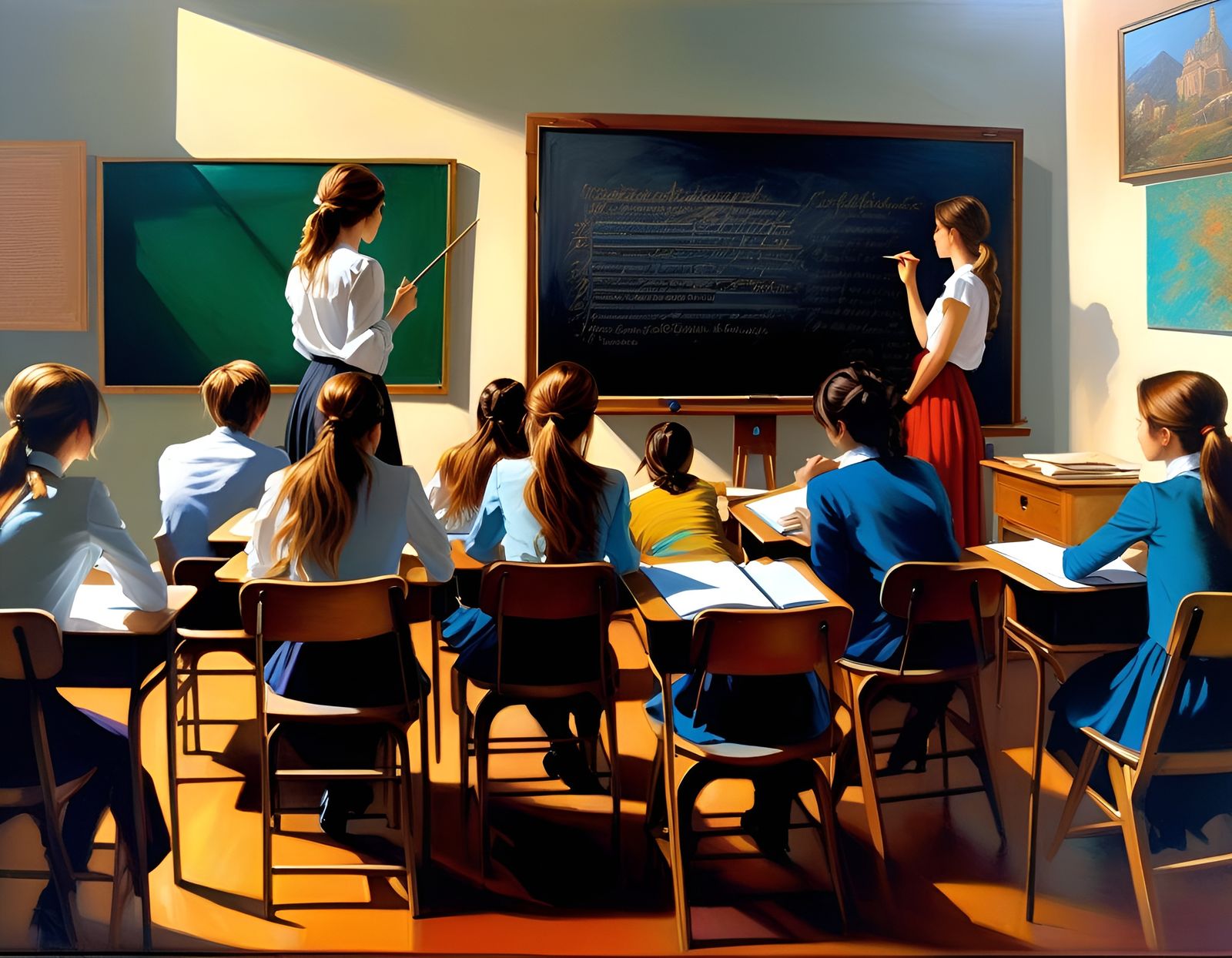 Classroom Scene: Oil Painting with Volumetric Lighting