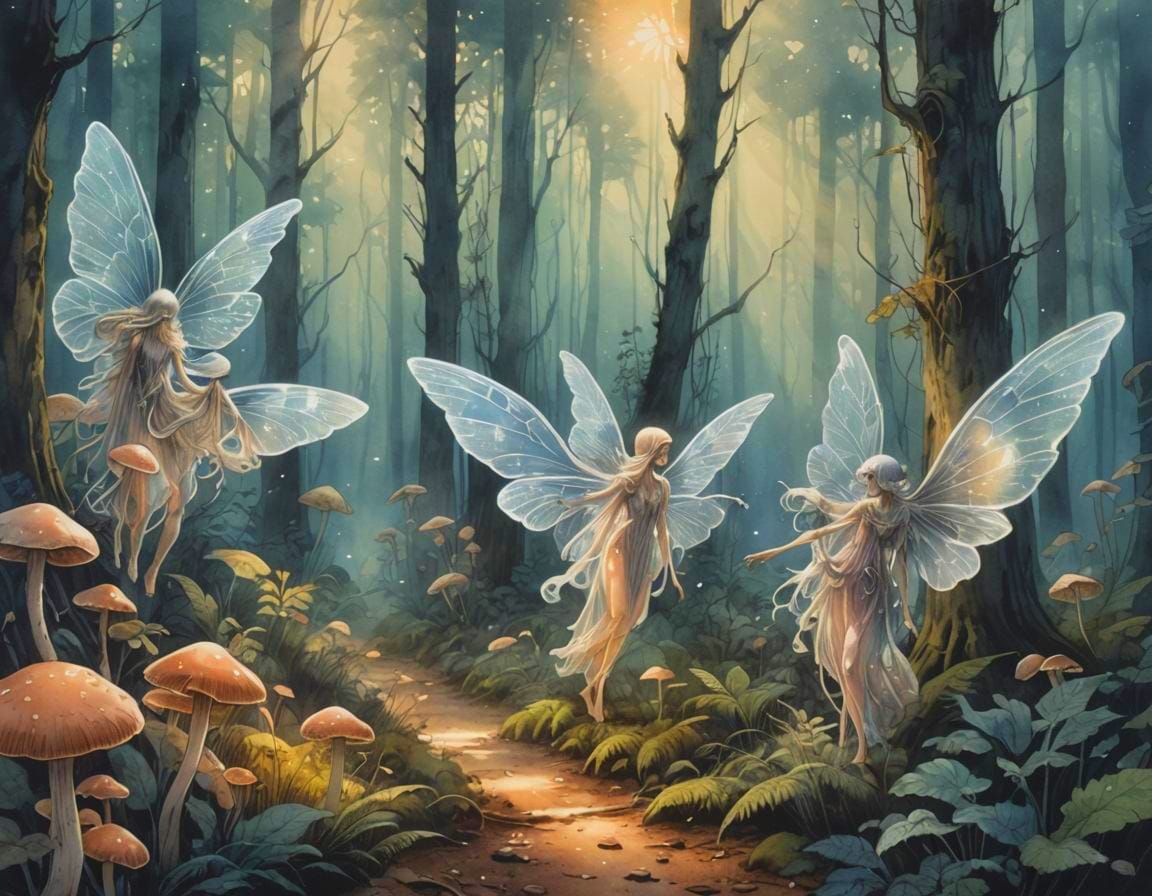 Ethereal Fairies with Sparkling Dust in Forest