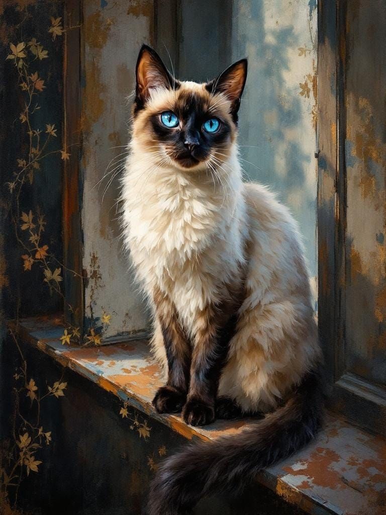 Elegant Siamese Cat in Impasto Painting