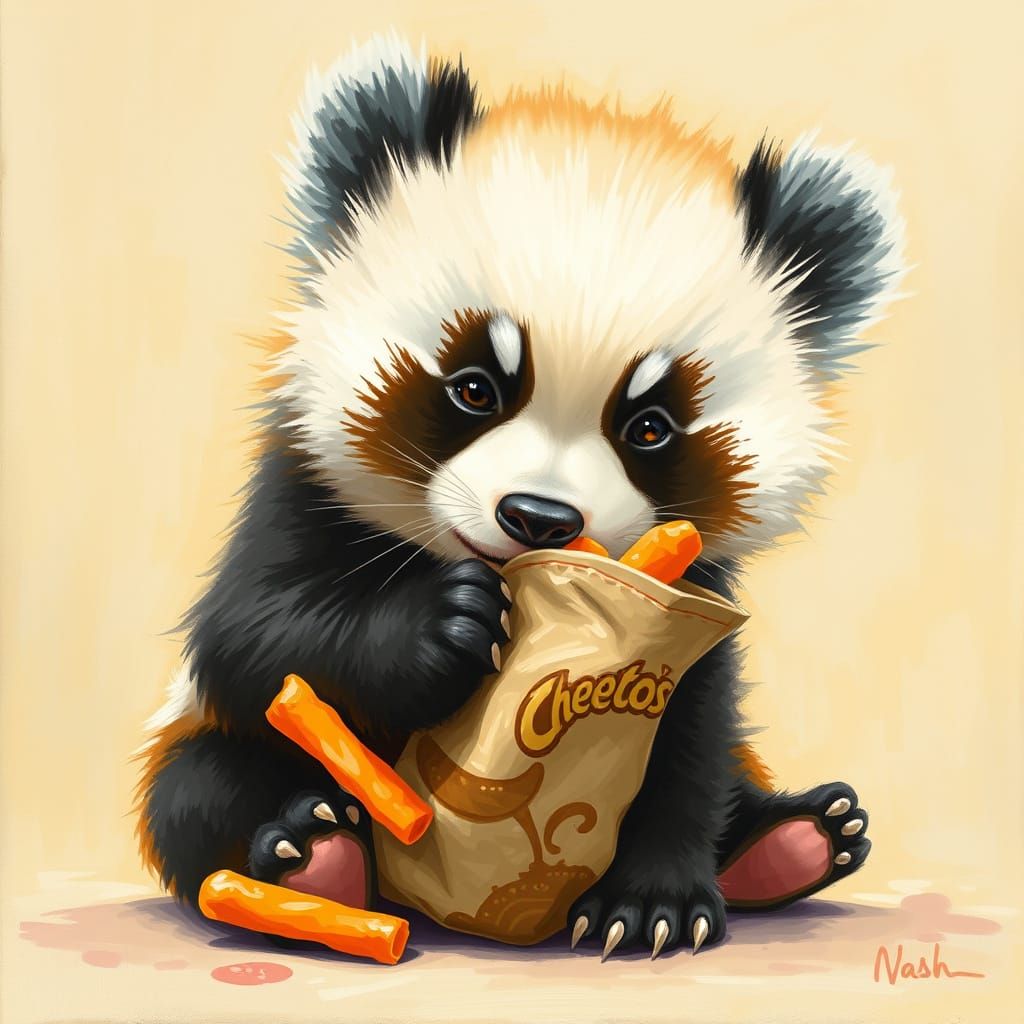 Whimsical Baby Panda Steals a Snack in Warm, Golden Light