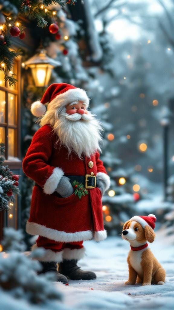 Felted Santa and Dog in Snowy Christmas Scene