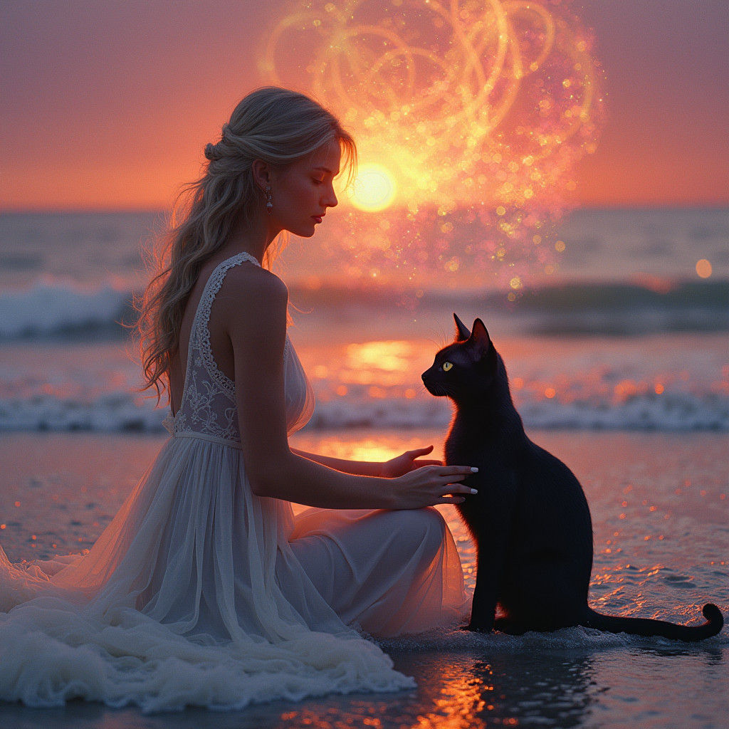 Woman and Cat at Sunset in Dreamlike Style