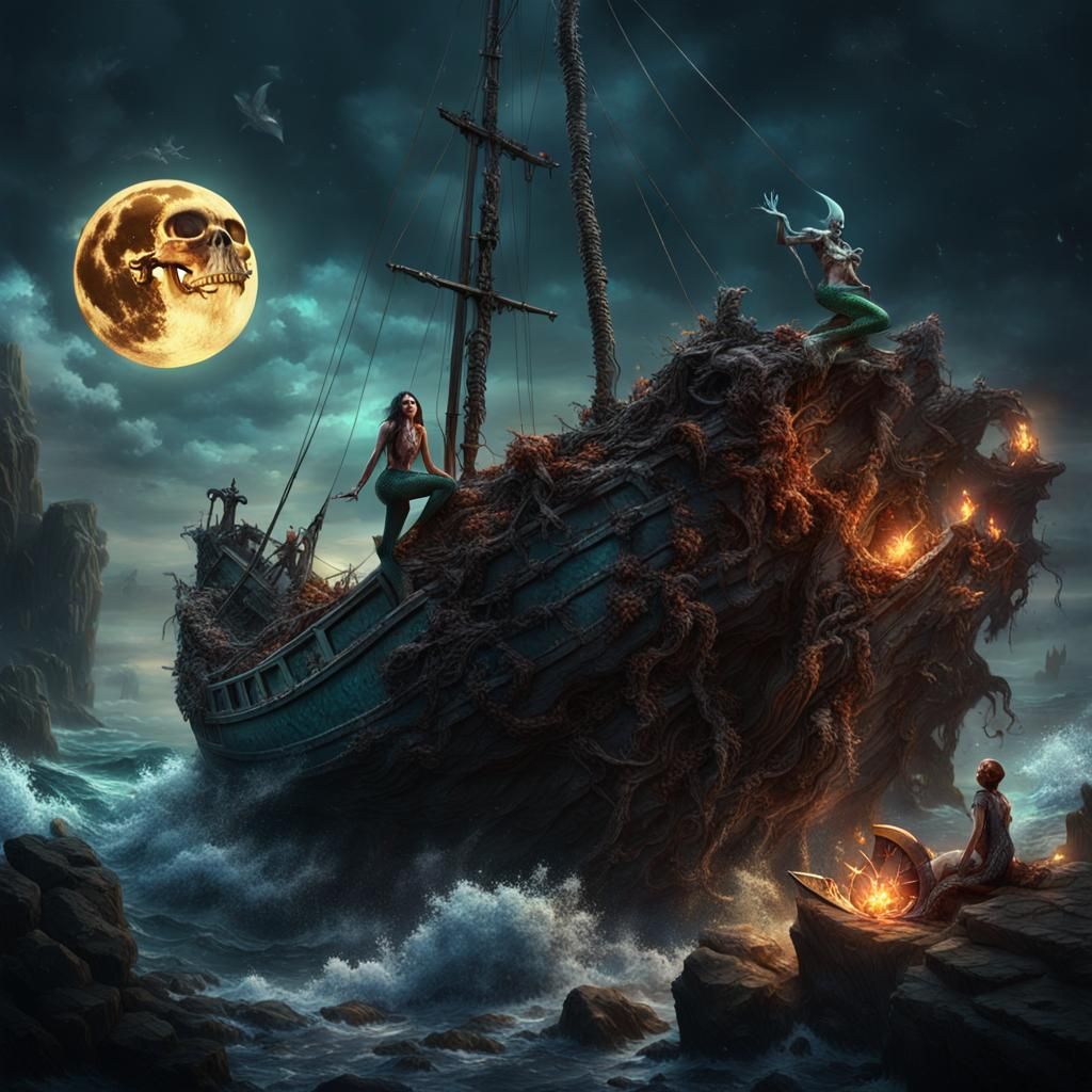 Macabre Mermaid's Fury: Shipwreck Under Moonlight