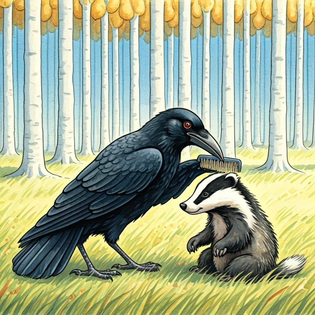Crow Grooms Badger: Watercolor Illustration