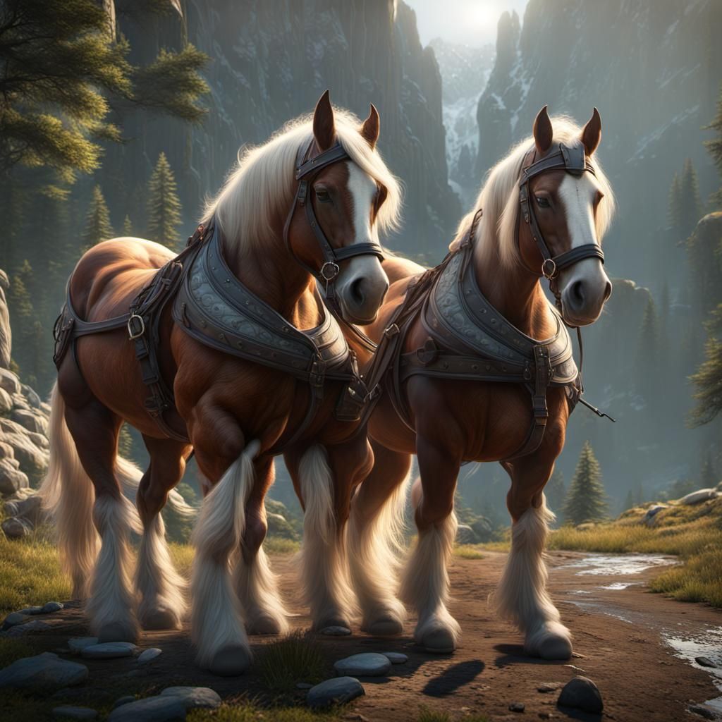 Majestic Draft Horses in Cinematic Digital Painting