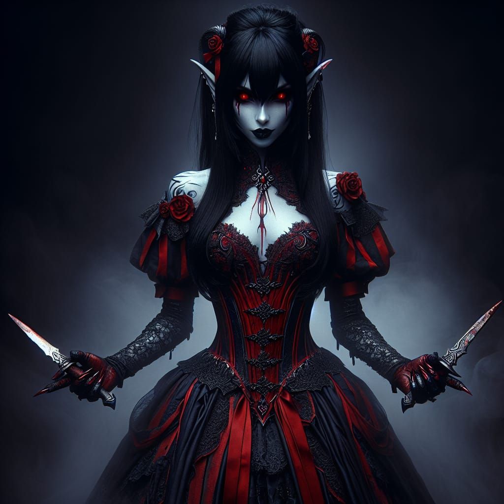 Ominous Tiefling with Knives in Fantasy Setting