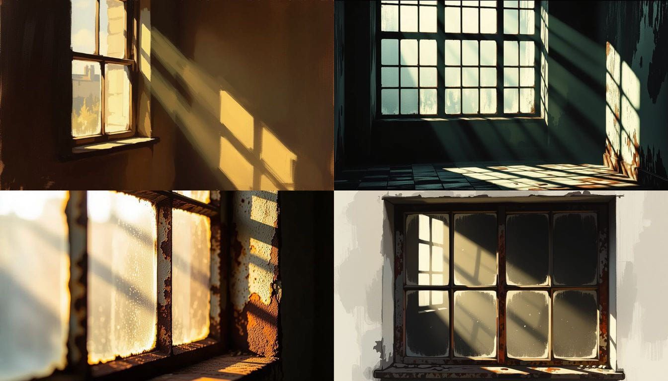 Sunlight Through Rusty Window, Dramatic Shadows