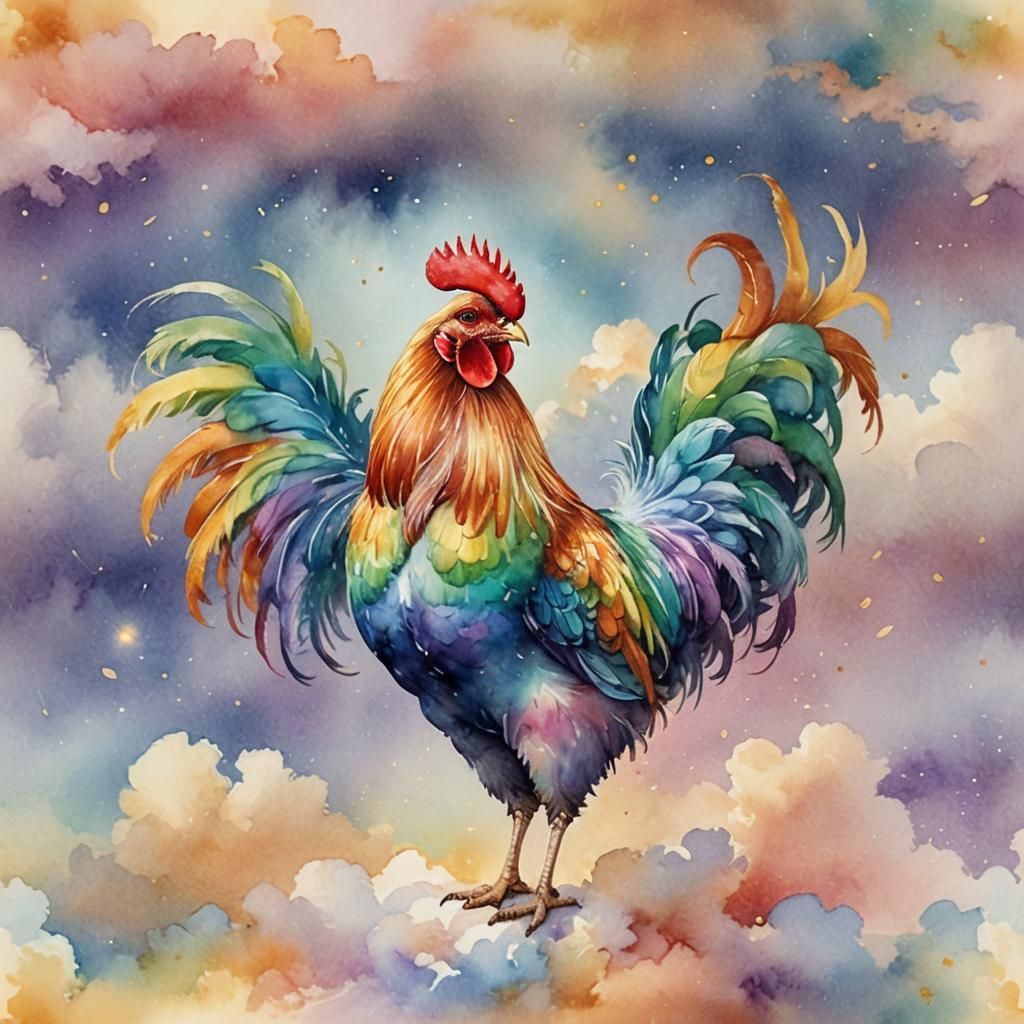 Rainbow Chicken in Whimsical Watercolor Style