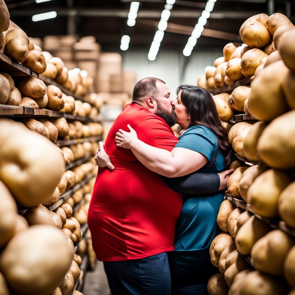 Photograph: Two Women Kissing Man in Potato Warehouse
