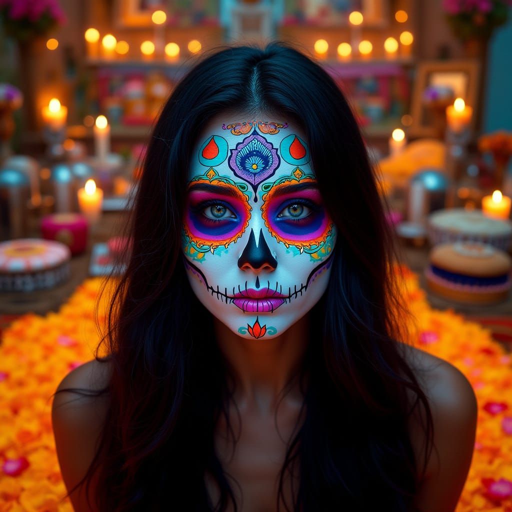 Dia de los Muertos Woman with Neon Calavera Makeup