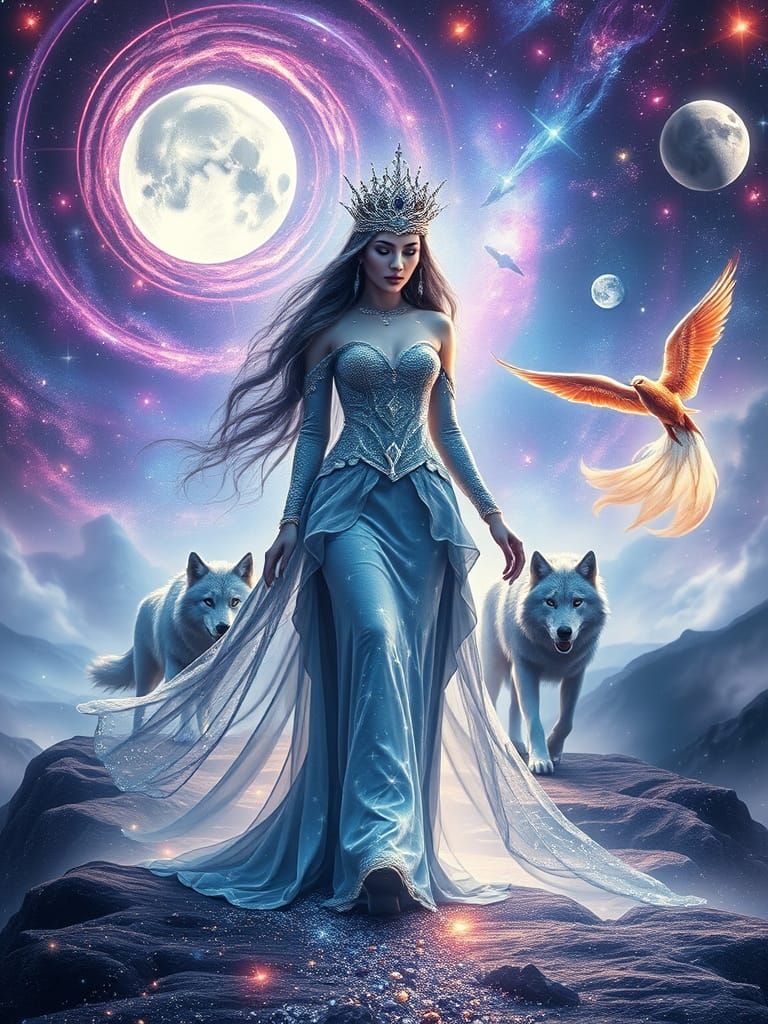 Cosmic Goddess in Star-Embroidered Velvet Gown Walking Lumin...