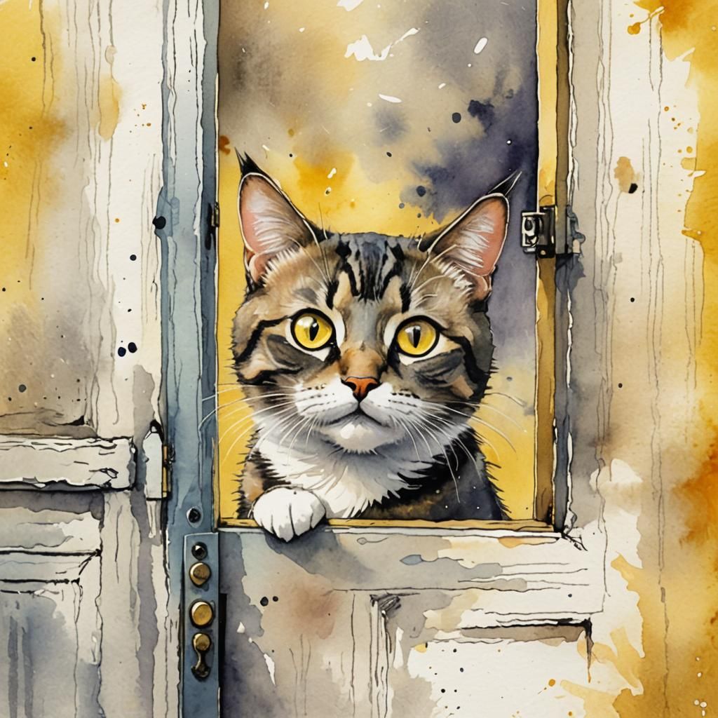 Cute Cat Cartoon in Watercolor Ink-Wash Style