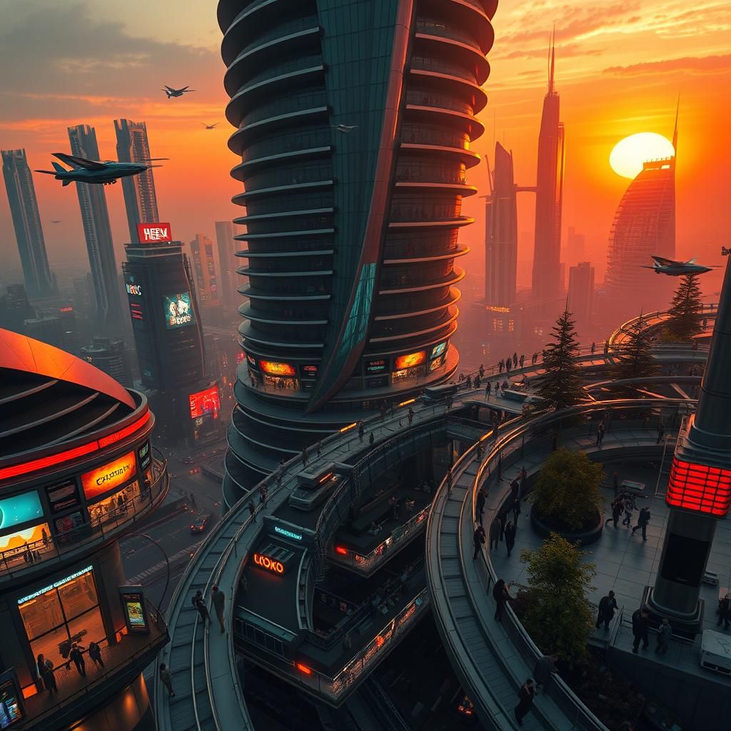 Futuristic Metropolis at Sunset: A Cyberpunk Cityscape