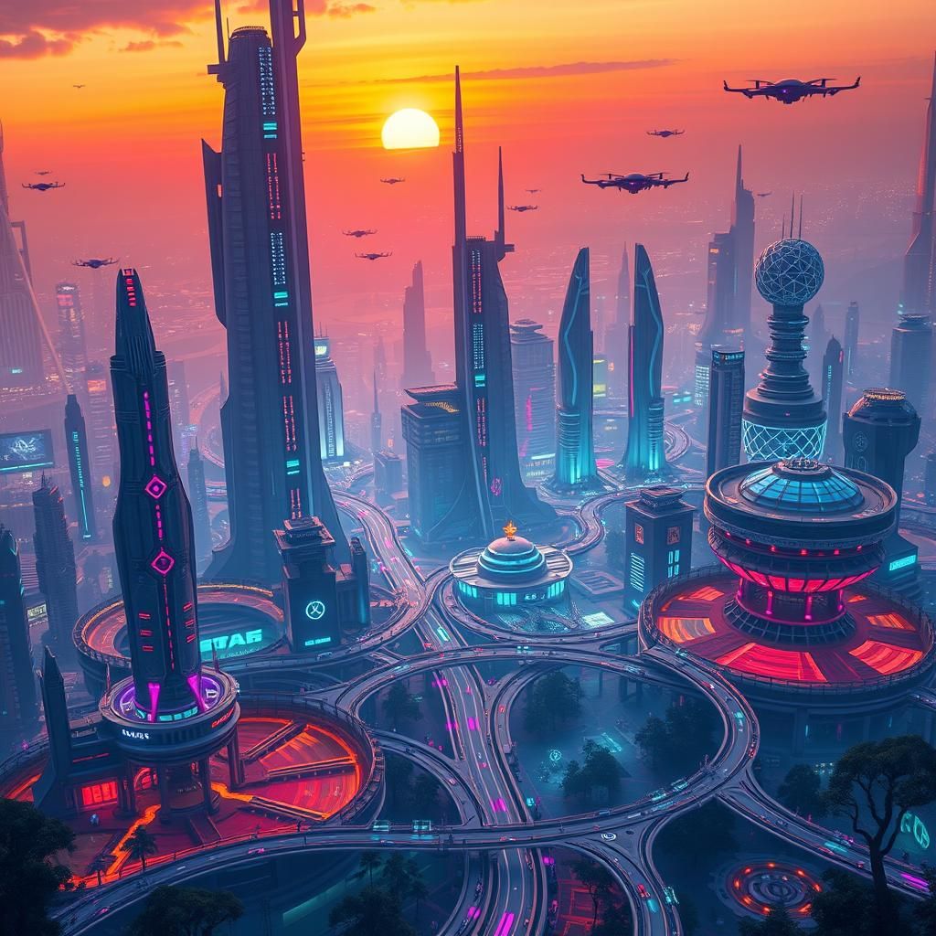 Futuristic Metropolis: Neon Cityscape at Sunset
