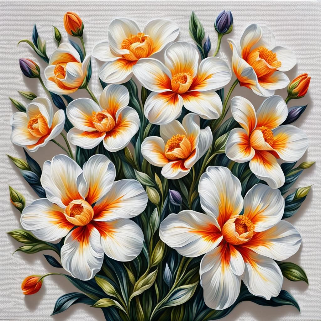 Hyperrealistic Oil Paint Flowers on White