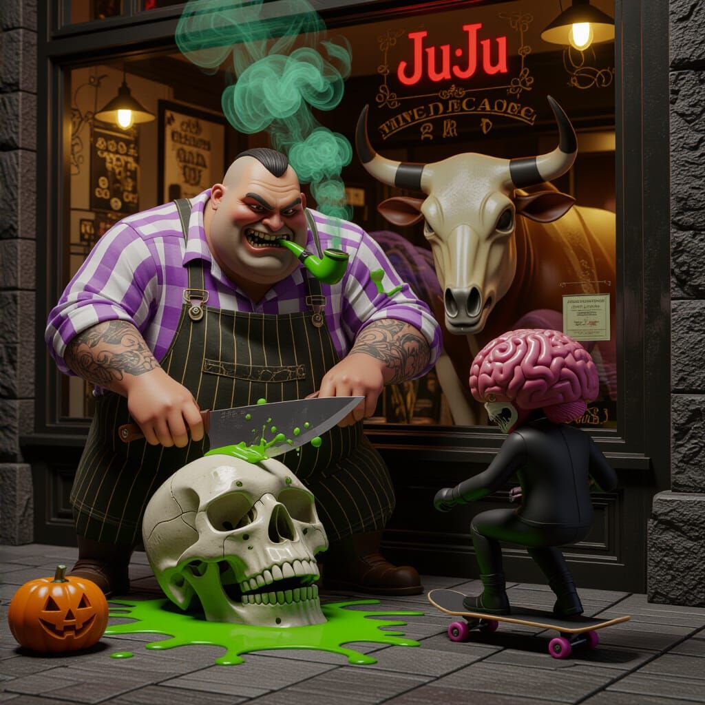 Dark Fantasy Butcher Cuts Horse Skull with Lilac Blood