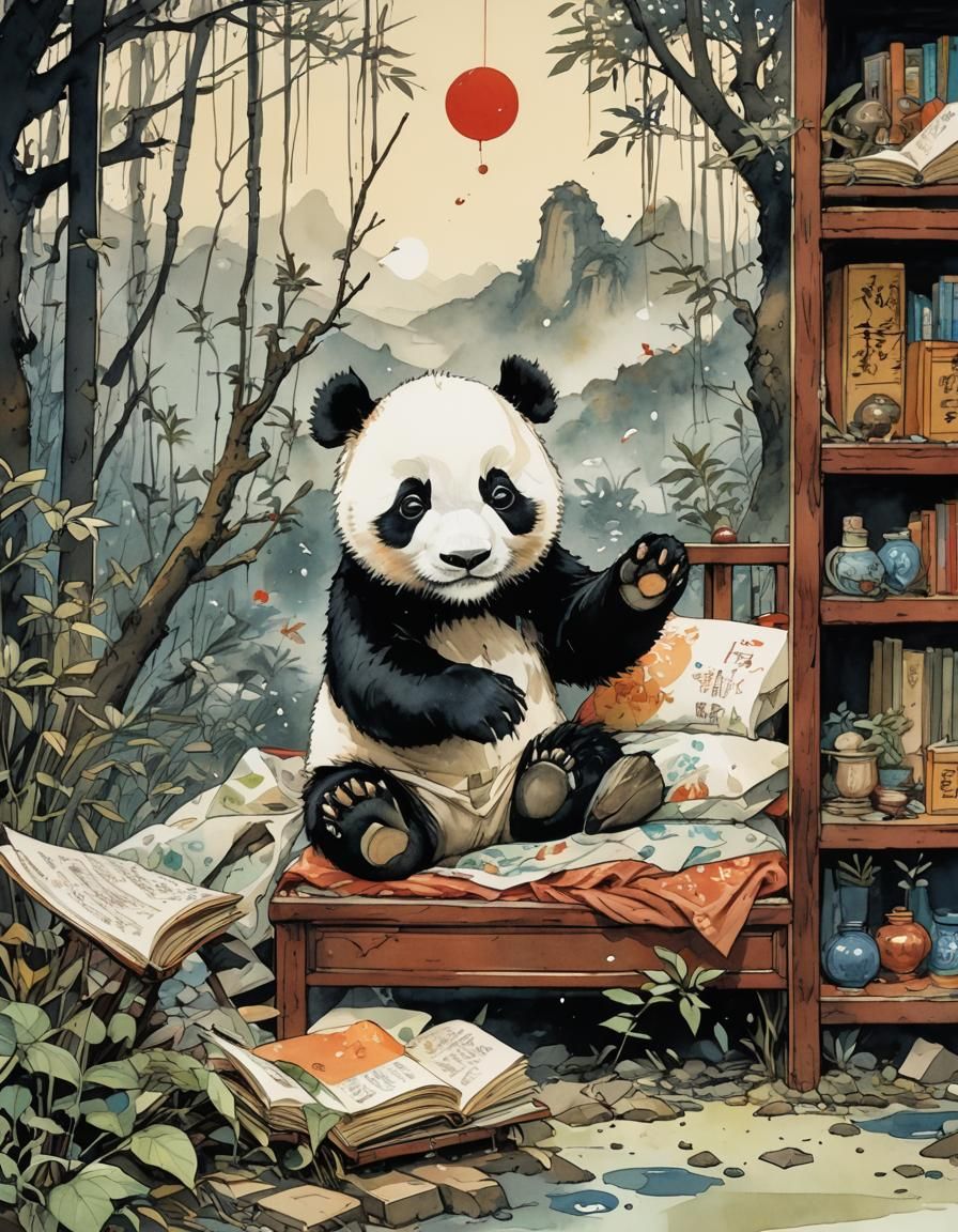 Panda Wakes Up in Pop-Up Book, Watercolor Surrealism