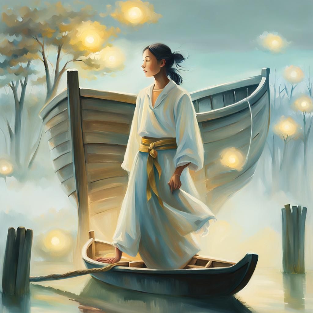 Old Wooden Boat in Misty Marshland Oil Painting