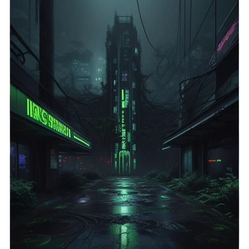 Cyberpunk Haunted Houses in Neon Noir Style