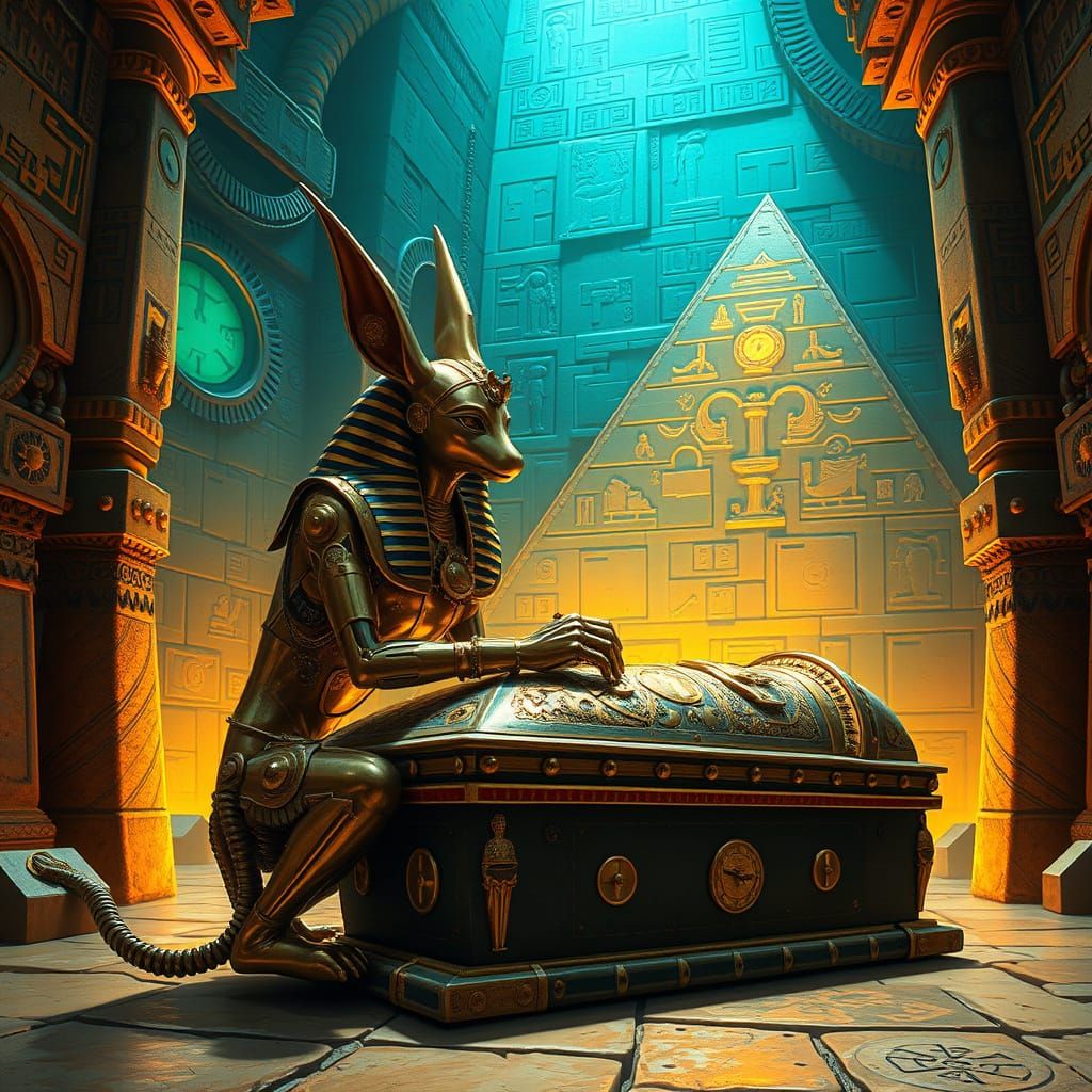 Steampunk Anubis Automaton in Ancient Egyptian Pyramid