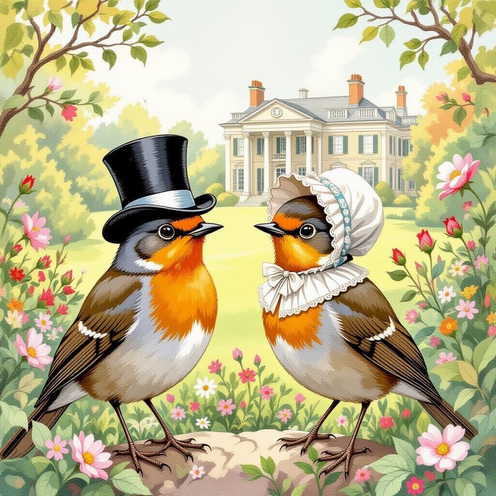 Regency Robins in Garden, Whimsical Illustration