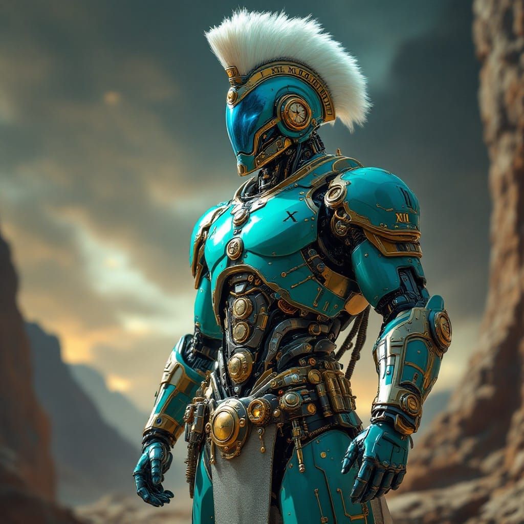 Cybernetic Roman Legionnaire in Futuristic Sci-Fi Landscape