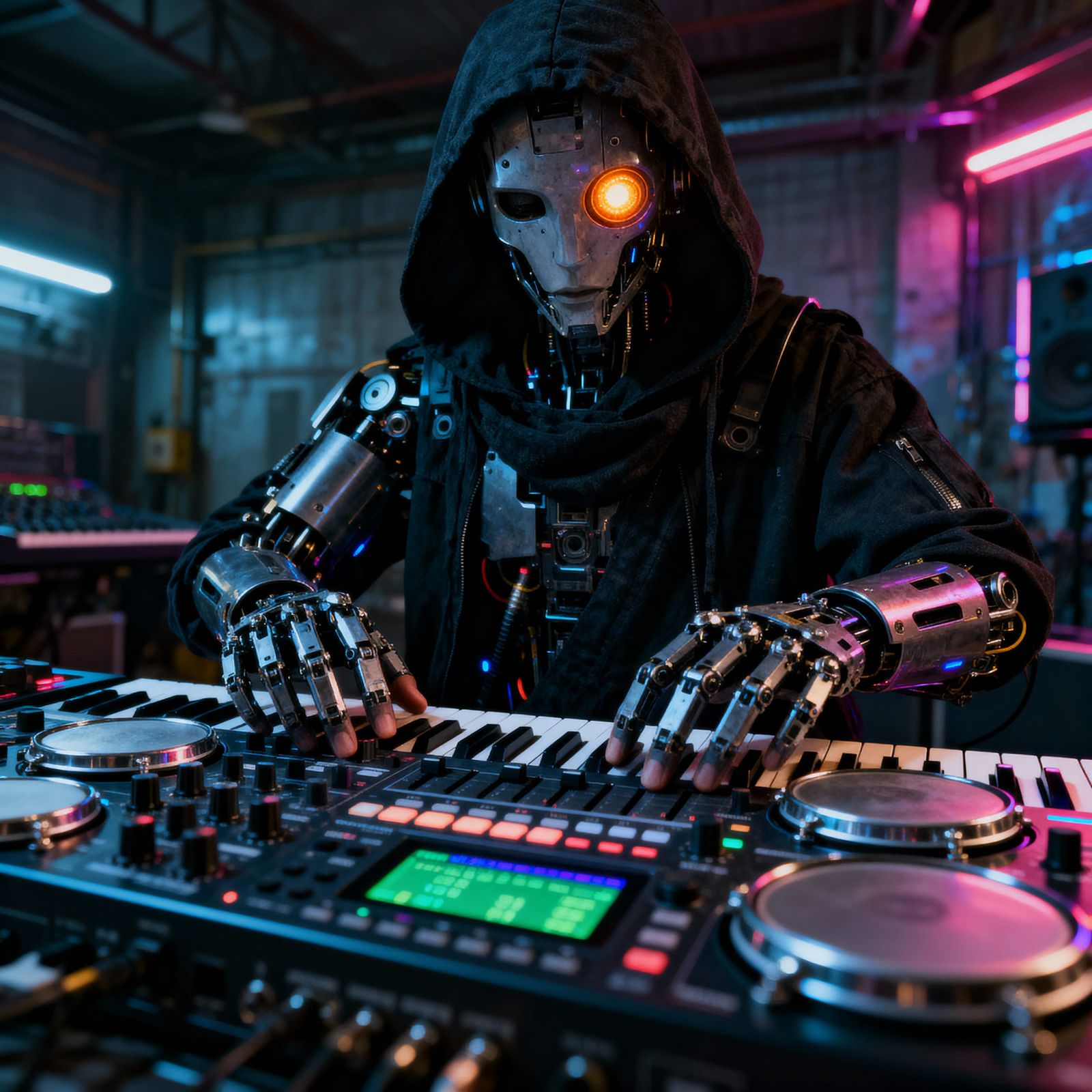 Dark Hooded Cyborg Plays Digital Drums in Industrial Setting