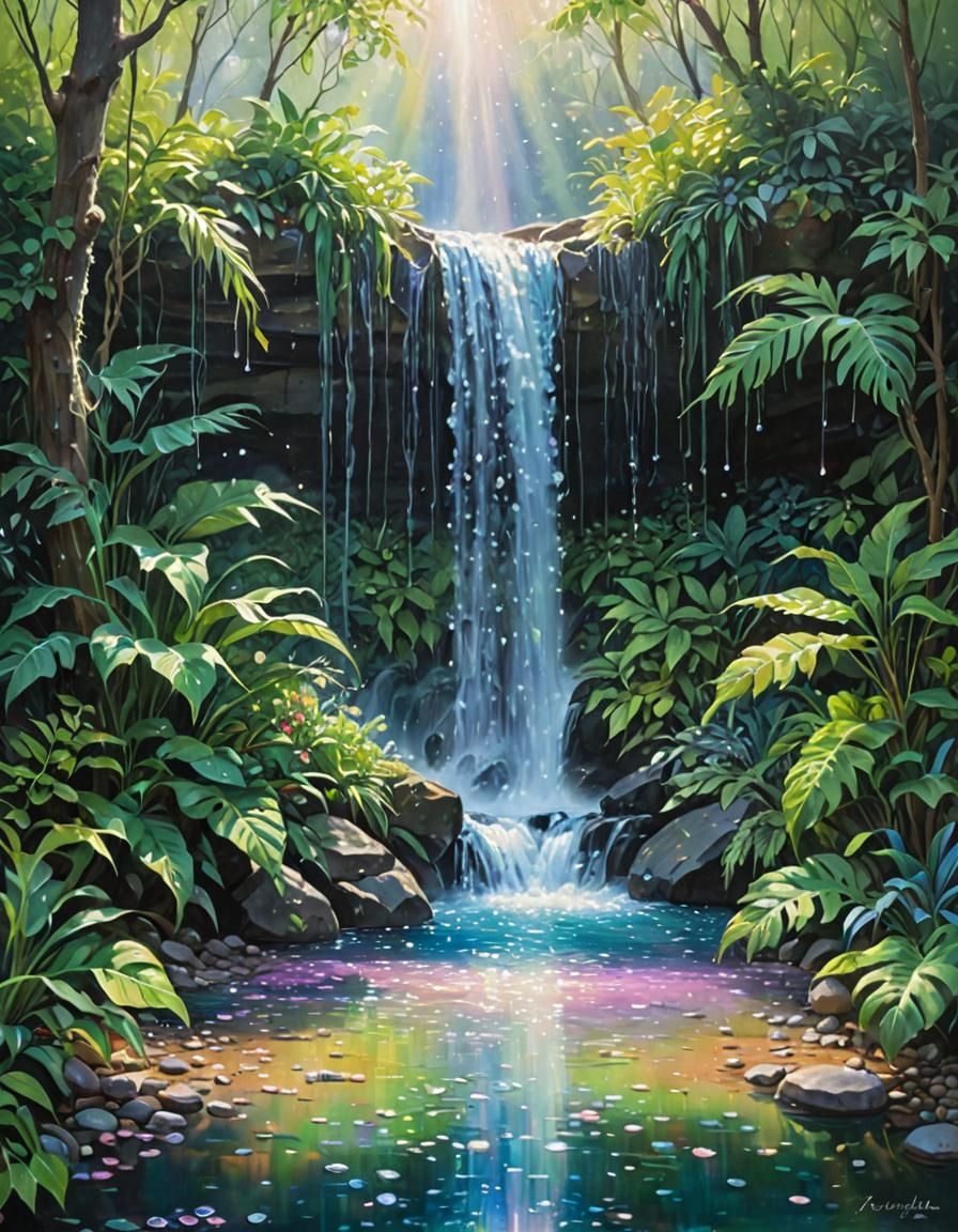 Ethereal Waterfall with Rainbow Hues as Oil Painting
