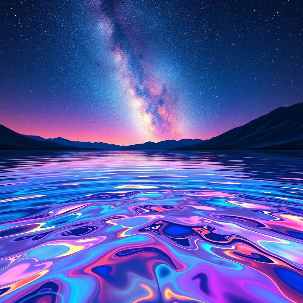 Iridescent Rainbow Lake Under Starry Night Sky