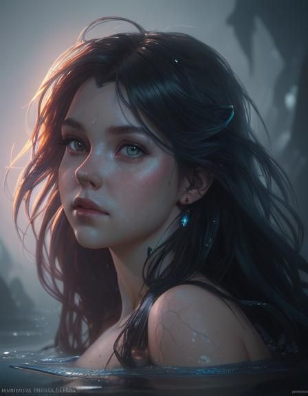 Little Mermaid Portrait with Shining Eyes in Dark Disney Sty...