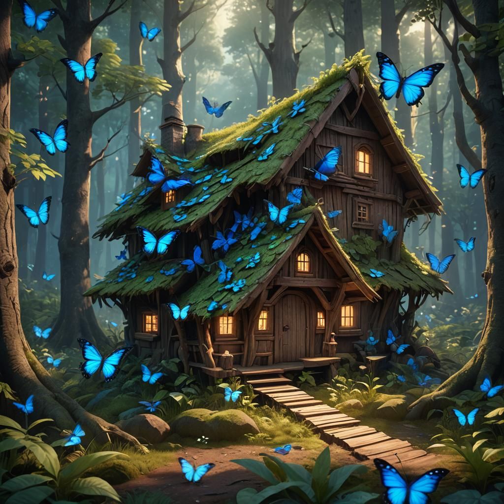 Glowing Forest Hut with Blue Butterflies
