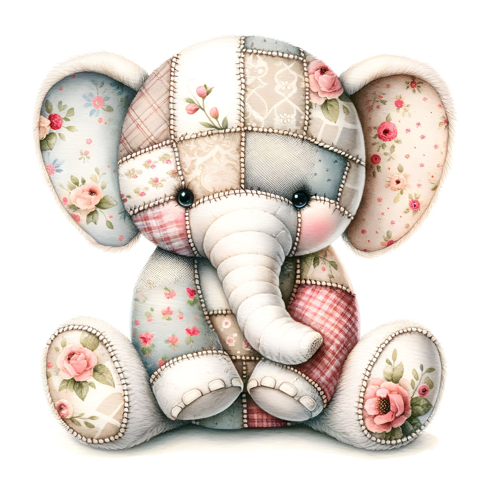 Patchwork Elephant Watercolor in Soft Nursery Style