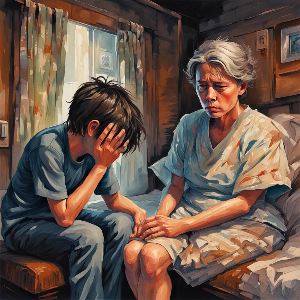 Melancholic Boy and Sick Mother in Gouache Style