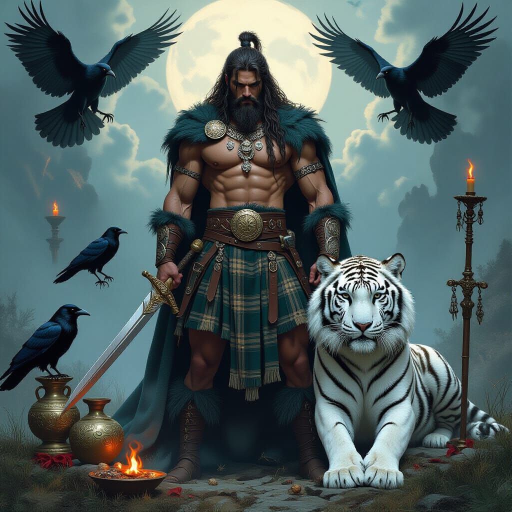 Celtic Warrior with Tiger, Morrigan, Dark Mystical Art