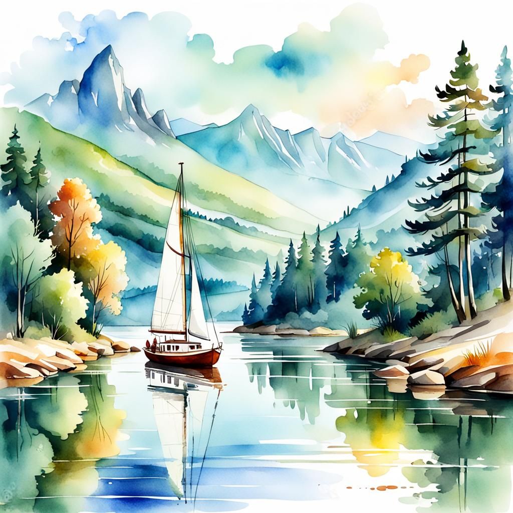 Sailing Boat on River: Digital Watercolor Sketch